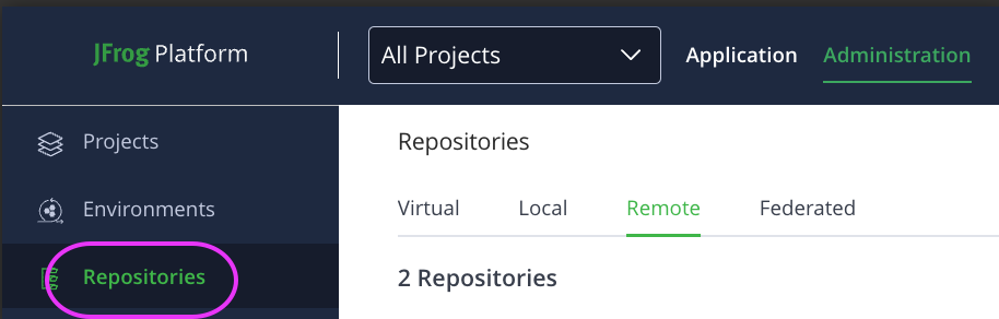 JFrog Artifactory Administration page showing the Repositories option in the left sidebar navigation