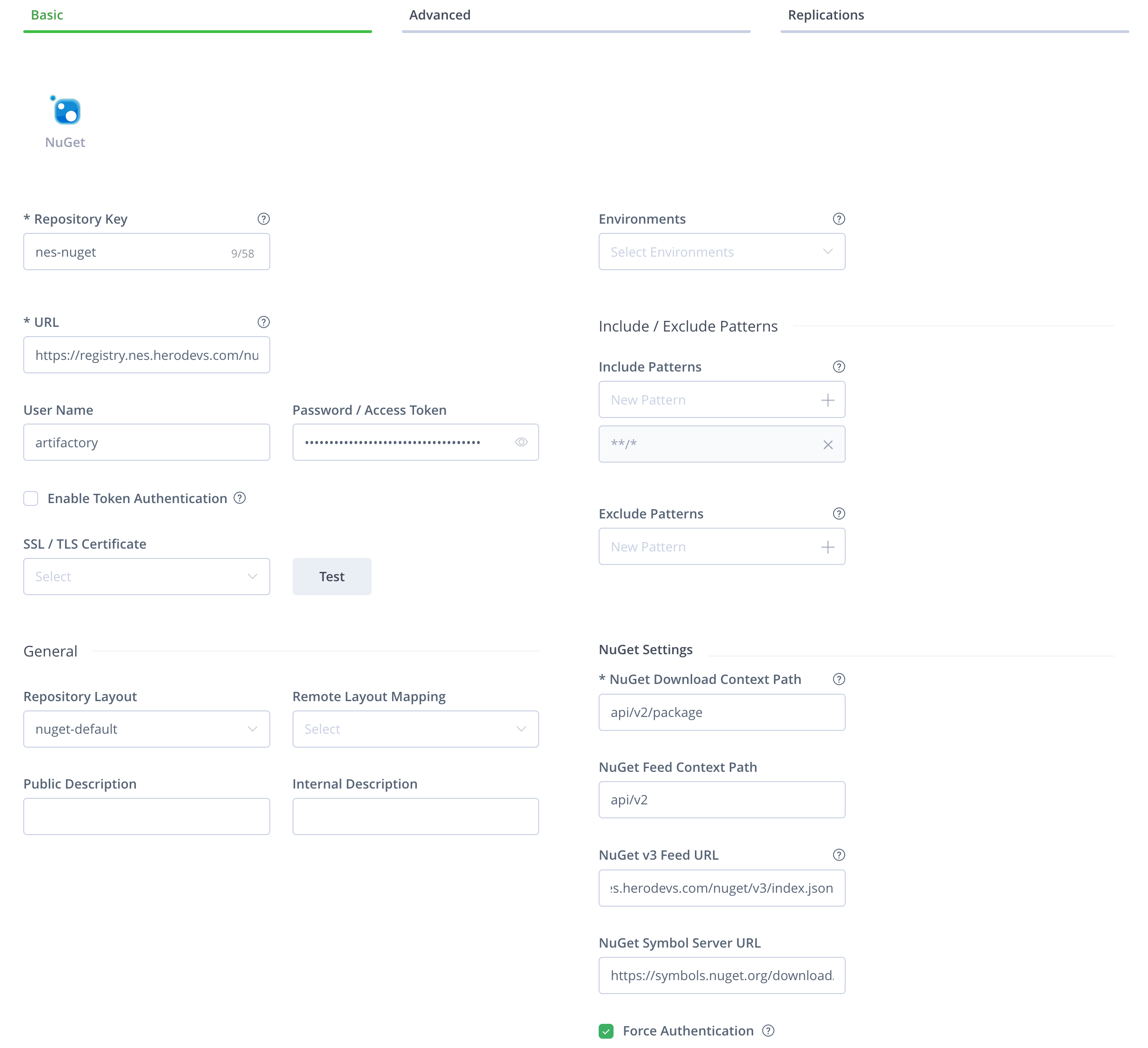 Completed JFrog Artifactory Basic tab configuration for NuGet remote repository showing Repository Key, URL, Username, Password, NuGet v3 Feed Url, and Force Authentication fields filled in